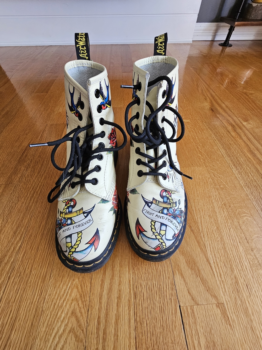 Dr. Martens Cream Tattoo-Style Lace-Up Boots with Black Laces